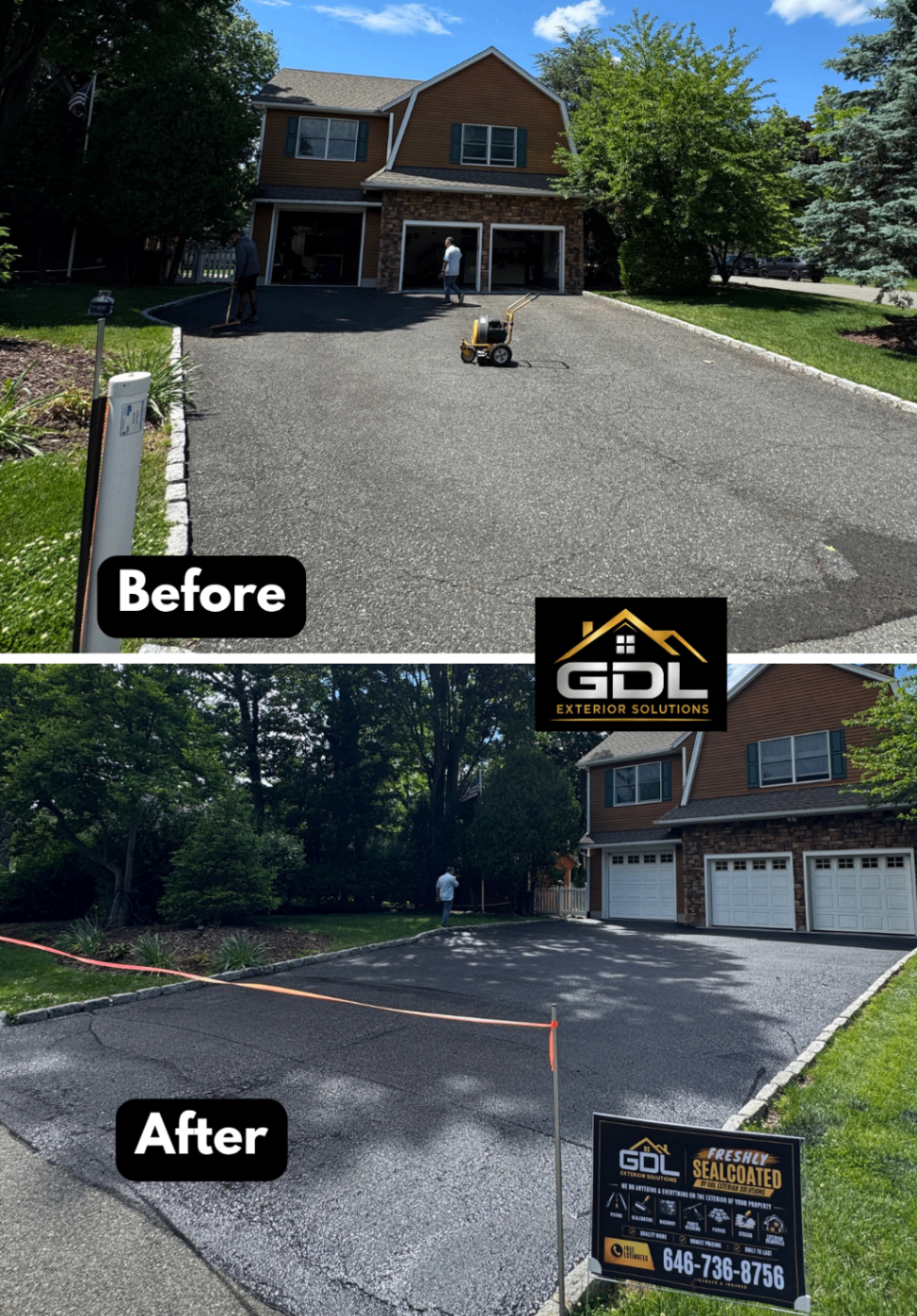 Long Driveway Sealcoating — before and after by GDL Exterior Solutions