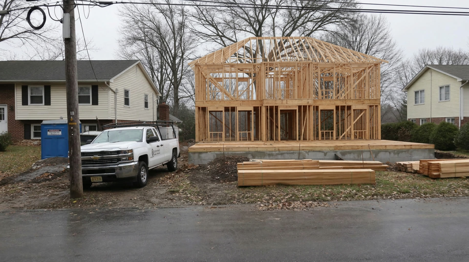 Framed New Jersey house with a contractor crew working on site