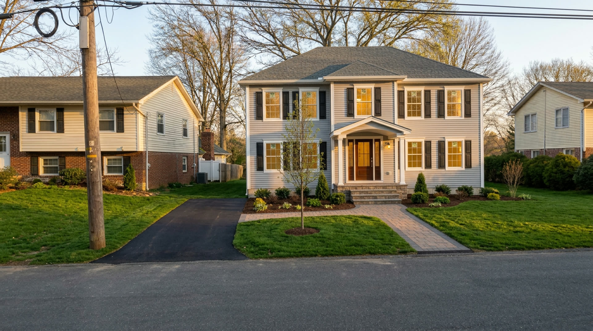 Completed custom home exterior in a New Jersey neighborhood at dusk