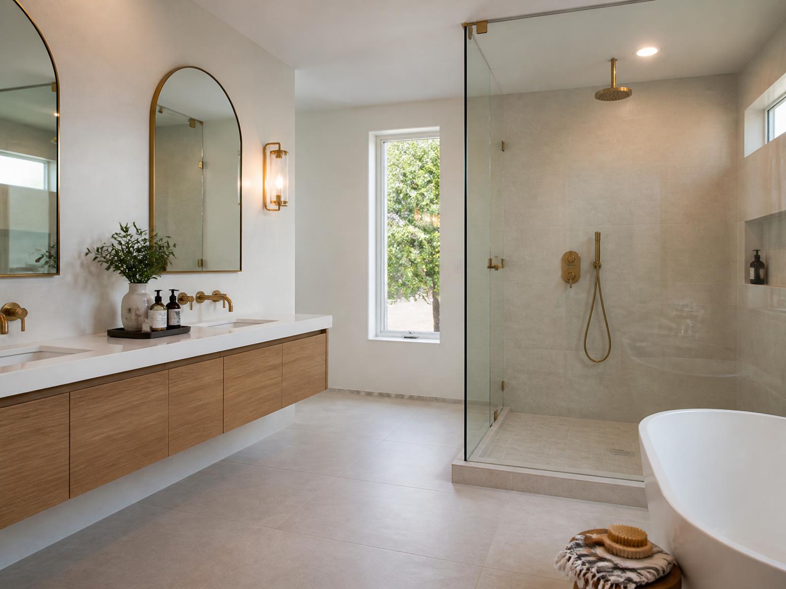 Fully renovated bathroom with tiled walk-in shower and modern vanity in a New Jersey home
