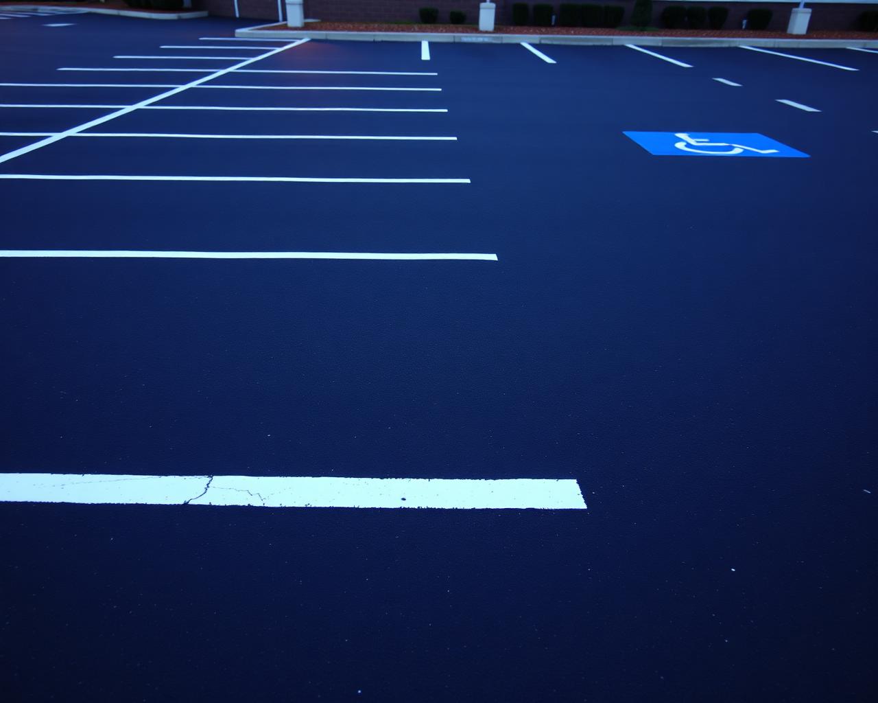 Freshly line-striped commercial parking lot with crisp white stalls