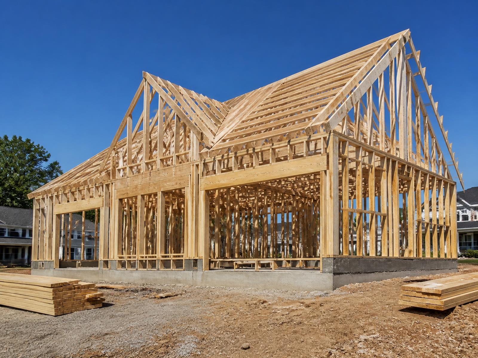 New custom home under construction in North Jersey with framing and roof trusses complete